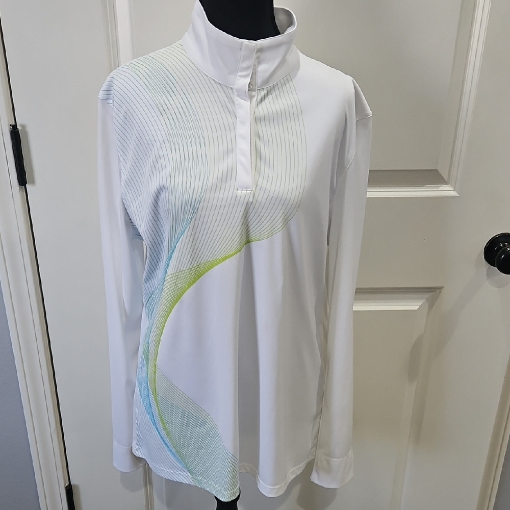 Callaway White and Blue Long Sleeve Top with Green Accents